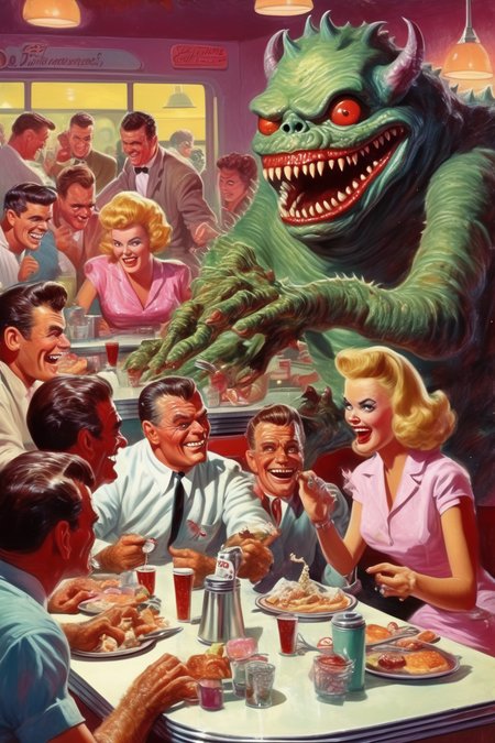 <lora:Richard Hescox Style:1>Richard Hescox Style - cool cute friendly monster enjoying a diseased, disastrous festive classic 1950s diner on a Friday night,