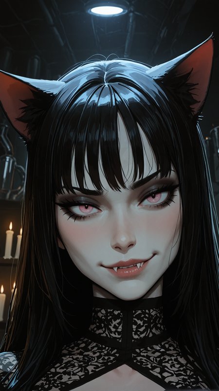 masterpiece, best quality, very aesthetic,amazing quality,ultra-detailed,8K,illustration, absurdres,detailed_skin,artist: incase,
BREAK,
petite, pale_skin, fangs, pink_eyes,long_hair, black_hair, cat_ears, tight lace dress,  (portrait), smirk, sitting, gothic makeup, eyeliner, black lips, looking_at_viewer, 
 
BREAK,
realistic background,laboratory,night, candles, close-up, hard light, 