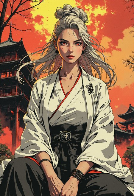 (Ink Style, A stunning  illustration in high-quality anime style, stunningly beautiful and cool female samurai, wearing white kimono, her silky-like silver hair flowing the wind, crimson red eyes burn deeply, her gaze piercing like an arrow. sitting with confidently and cool expression, antique japanese temple on her background, extemely detailed, masterpiece, hig quality ), <lora:CPA:0.6>,  <lora:Luminous_Shadowscape:0.8>,  <lora:9mix:0.6>,  <lora:RetroAnimeFluxV1:0.6>