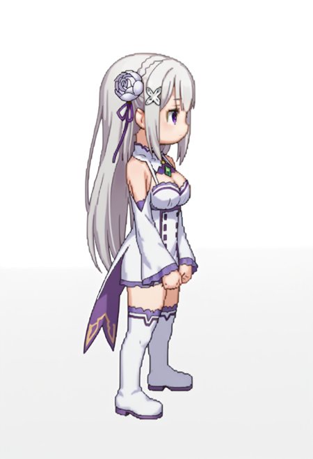 score_9, score_8_up, score_7_up, source_anime,
BREAK
<lora:shiSpriteV3:1.0>, rightwalkleft, chibi, full body, from side, facing to the side, 
no mouth, medium breasts,  
simple background, white background, 
1girl, solo, anime screencap, anime coloring,
<lora:shiEmiliaV2:1> shimilia, long hair, grey hair, purple eyes, pointy ears, hair flower, purple ribbon, x hair ornament, 
white dress, bare shoulders, wide sleeves, white thighhighs, thigh boots,