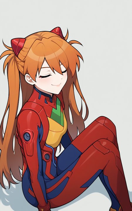 source_anime, score_9, highres, digital artwork, 2024 BREAK
<lora:YanWan v1 0 - Pony:1>
1girl, solo, sitting, souryuu asuka langley, orange hair, long hair, straight hair, hair ornament closed eyes, looking away, smile, red plugsuit, white background, simple background,