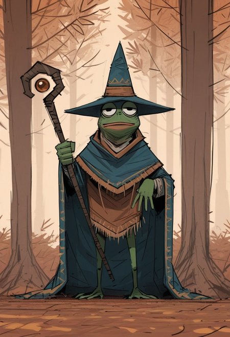 a13xstyle, sketch, masterpiece, best quality, solo,                                                                                 pepe the frog,  autumn tree background, battle pose,   (detailed body), big eyes, shiny skin, green skin, wizard hat, wizard outfit, holding magical wizard staff,