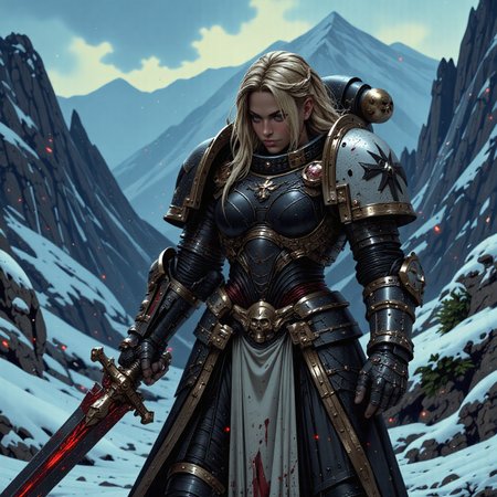 An atmospheric dark fantasy artwork depicts a powerful Viking warrior, a female figure clad in intricate Vikingpunk power armor armor, as she takes a moment of respite in a snowy mountain landscape. With her head bowed, her blonde hair cascades over her face, concealing her expression. She wields a mighty sword, its dark steel stained with the blood of her fallen foes, evident in the crimson snow around her. This classical-style painting captures a cinematic moment, showcasing the beauty and strength of a warrior amidst a harsh and unforgiving environment, leaving viewers captivated by her resilience and the untold stories of her journey. <lora:scifi/fluxVikingPunk_v1:0.4>, <lora:flux/FluxMythP0rtr4itStyle:0.8>, mythp0rt,<lora:scifi/FluxBlackT40k:0.8>, blackt40k,<lora:flux/Herbst_Photo_35mm v2>, herbstphoto,