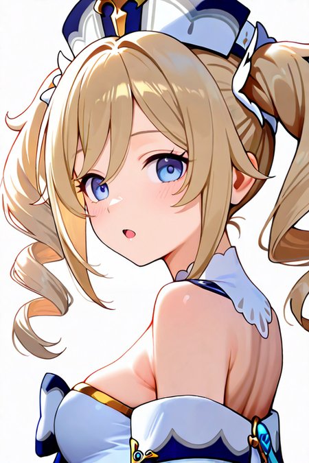 masterpiece, High quality, Ultra detailed, 2d, newest, absurdres, highres, BREAK
1girl, solo, <lora:barbara:0.8>, barbara_(genshin_impact), twintails, drills hair, blonde hair, white headwear, blue eyes, 
medium breasts, barbaradef, detached collar, bare shoulders, bow, frilled dress, strapless dress, white dress, strapless, long sleeves, detached sleeves, from side, looking at viewer, open mouth, upper body,