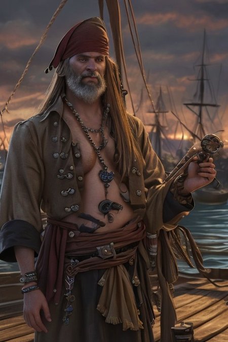 (masterpiece:1.2), (best quality,:1.2), 8k, HDR, ultra detailed, ((photorealistic)), professional light, cinematic lighting, fashion photography, ambient lighting, atmospheric effects, <lora:detail_slider_v4:2>, <lora:zoom_slider_v1:4>, a (male) pirate, long hair, beard, <lora:PirateGarb:0.5>, in a pirate harbor on a pirate island, <lora:PirateRealms:0.6>, PiRe, epiCPhoto