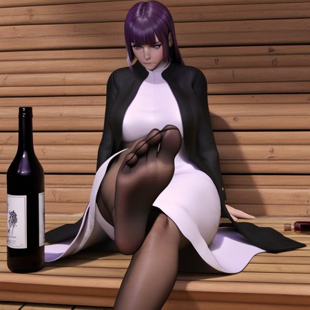 1girl, fern (sousou no frieren), by kodoto, 3d, black coat, black pantyhose, blunt bangs, bottle, breasts, closed mouth, coat, dated, dress, feet, large breasts, leg up, long dress, looking down, pantyhose, pout, purple eyes, purple hair, signature, sitting, soles, solo, straight hair, toes, unworn footwear, white dress, wooden floor, wooden wall,