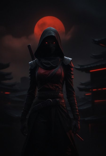 a female assassin ninja in red and black ninja outfit, at night, black and red buildings , dark foggy sky, cyberpunk, fluorescent light, dynamic color palettes, red sky, red clouds, red moon, ominous weather, raining, anime inspired, hybrid art, (hyperrealism:0. 5)