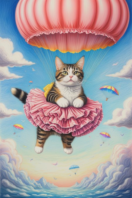 A parachuting cat,floating down attached to frilly panty parachutes,whimsical and surreal,<lora:luxart:0.8>,<lora:novuschroma10_c:0.8>,novuschroma10 style,colored pencil,