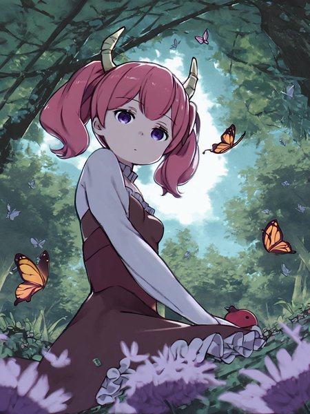(sitting:1.2), looking at viewer, from below, (side view:0.7), solo,
Linie, 1girl, brown dress, (long white sleeves:1.1), frilled dress,
horns, pink hair, short twintails, purple eyes, small breasts,
expressionless,
grass, sun, flowers, trees, butterfly, (leaf:0.9), (apple:0.7), (mushroom:0.7), (bird nest:0.7), (fairy:0.6),
depth of field, sunbeams, bloom,
<lora:LinieXLpony003:0.9>
 <lora:kuroboshi_kouhaku_PonyXL_style_v01:1.0>, score_9, score_8_up, score_7_up,, rating_questionable