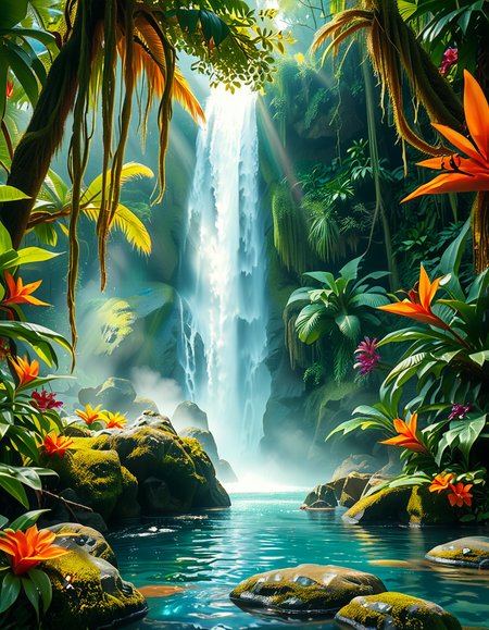 A stunning and tranquil view of a jungle waterfall cascading down smooth, moss-covered rocks into a crystal-clear pool below. The scene is surrounded by dense, lush greenery, with towering tropical trees and vibrant, oversized ferns creating a natural canopy that filters sunlight into dappled patterns on the forest floor. Brightly colored flowers in shades of red, orange, and purple add splashes of color among the greenery, while vines and roots wind their way around the rocks and trees. Mist rises from the base of the waterfall, catching the sunlight and creating a soft, ethereal glow, with a faint rainbow visible in the spray. Exotic birds with iridescent feathers can be seen perched on branches, and the faint sound of distant animal calls adds to the sense of a thriving, untouched paradise. The overall atmosphere is serene, magical, and vibrant, capturing the untamed beauty of nature.<lora:SDXLFaeTastic2400:0.4> <lora:extremely_detailed:0.4> extremely detailed, <lora:Jungle_w4t3rf4ll:1>,Jungle w4t3rf4ll, Masterpiece,best quality,hi res,8k,hi res,8k,award winning,(sharp focus, intricate, highly detailed),
