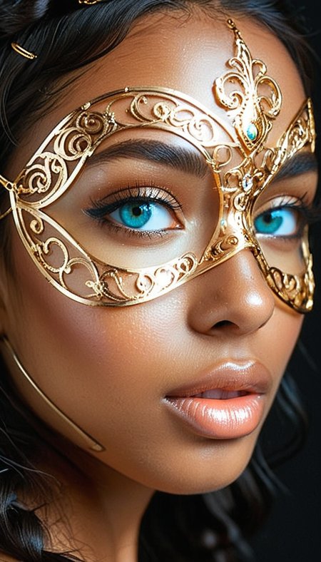 Close-up gorgeous girl face , cute, dark skin,  (bangs), freckles, (striking large turquoise eyes), aligned eyes, mirror eyes, (half smile), nose piercing gold,
brow piercing gold,
BREAK,
(wearing transparent  Venetian Mask with intricate very detailed gold filigree), (thin detailed gold filigree), wavy hair, braid,
long lashes, trendy portrait,
tender Aesthetic nose, Aesthetic chin, ears, puffy lips, sensual lips, detailed texture, detailed eyes, detailed skin, clean skin,
<lora:Someplastic:1>, (ultra sharp focus:1.8), (detailed skin:1.8), (thin lines:1.8), (best quality:1.8),
<lora:Apparatus_-_Traction_City_Walkers_Vehicles:0.7>,
<lora:add-detail-xl:2> (ultra sharp focus:1.8), (detailed skin:1.8), (thin lines:1.8), (best quality:1.8),
<lora:glowneon_xl_v1:0.8>