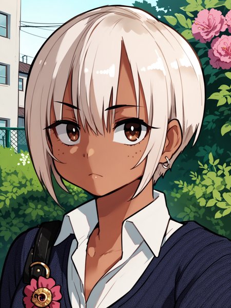 <lora:happy_tentacle-cherry_asuka-v0.1-000030:1>, ht_cherry_asuka, earrings, tan, brown eyes, school uniform, collared shirt, cardigan, flower brooch, outdoors , 1girl, solo, upper body , evil eyes , (emotionless :1.1), , looking back , standing , , score_9, score_8_up, score_7_up, score_6_up, score_5_up, score_4_up