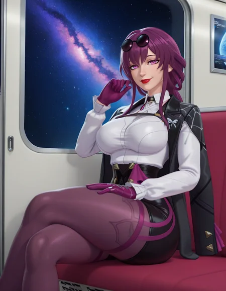 (masterpiece, best quality, ultra-detailed, absurdres, newest, detailed textures, correct anatomy:1), very aesthetic, <lora:turk128:0.5>, t0rk128, <lora:Rocner_2025_Style_-_Illustrious:0.25>, rocner2025, <lora:Artist_Style_-_bojinko_ILXL:0.25>, bojinkoo , <lora:RyanreosILv4:0.25>, ryanreos, 3D, <lora:MikaDawn3D_-_3D_Style_Illustrious:0.25>, MikaDawn3D, drawn outlines, 2d/3d hybrid, <lora:3D_Crayon:0.25>, <lora:B8M8-Illustrious:0.25>, b8m8, 
kafka \(honkai: star rail\), 1girl, solo, long hair, looking at viewer, smile, shirt, long sleeves, gloves, sitting, jacket, purple eyes, white shirt, purple hair, pantyhose, sky, shorts, collared shirt, black jacket, window, sunglasses, crossed legs, star \(sky\), eyewear on head, starry sky, jacket on shoulders, red lips, purple gloves, space, pantyhose under shorts, hand on own thigh, train interior, purple pantyhose, pince-nez, high-waist shorts, nebula, detailed shading, (detailed background, complex background), intricate