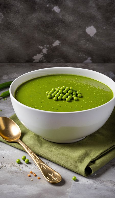 Fresh vegetable soup made of green peas in white bowl, concrete background, pastel green napkin, golden spoon