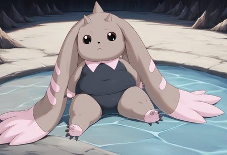 score_9, score_8_up, score_7_up, score_6_up, score_5_up, score_4_up, cute, digimon (creature), solo, brown fur, horns, black eyes, black swimsuit, fluffy, solo, full body shot, (obese), concerned, cave, detailed background, laying in a pool of water, glowing water