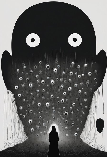 score_9, score_8_up, score_7_up, a background of eyeballs in a black void, 1 women cowering in fear, suffering from fear, guro, mind broken