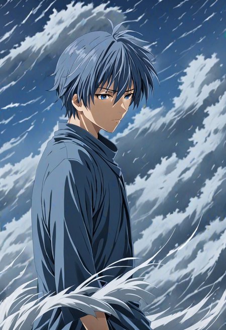 high resolution, solo, best quality, 1Boy, Tomoya Okazaki, Grey Blue Hair, existential longing, fantasy background, strong wind, OverallDetail
