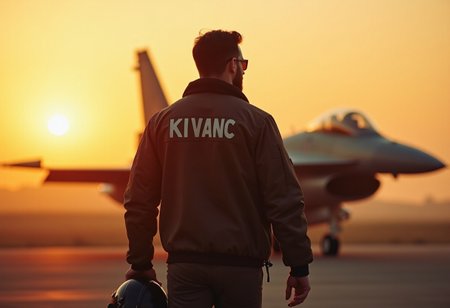 photp of an handsome war pilot walking to his F16 war plane on sunset. PHoto taken from behind. He is wearing a classic pilot jacket with  his name "KIVANC" written on the back of the jacket.  wearing pilot sunglass and holding his helmet.