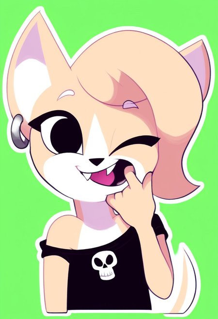 score_9, score_8_up, score_7_up, score_6_up, masterpiece, best quality, telegramstickerxl, cute, 2d, vector art, cartoon, (white outline:1.2), drop shadow, sticker, upper body, (chibi:0.4), 
BREAK
Maddy, 1girl, solo, animal ears, furry female, animal nose, body fur, two-tone fur, earrings, white fur, black eyes, flat chest, jewelry, blonde hair, hoop earrings, short hair, long eyelashes, (chest fluff:0.8), fangs, glossy eyes, 
BREAK
fashionable, black shirt with skull print, funny skull,
BREAK
action, mouth pull, finger in own mouth, head tilt, blush, tongue out, evil smile, parted lips, one eye closed, looking at the viewer, focus on face, dynamic pose, 4k, 8k, Ultra HD, masterpiece, simple green background.