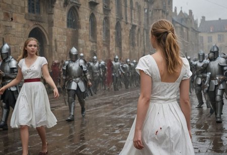 1 girl with an army of knights.
(happy little girl in clean white dress) runs with a white flower in her hand towards background (facing away) from camera. back turned.
(The Army of Knights is covered with blood and wounds), marching from right to left in background.
Masterpiece, DonMSt34mPXL, Realistic Lightning, Cinematic Lightning, Dark Lightning, Rain, Puddle, Clouded Sky, medieval, fantasy, pedestrians, Cape, Reflection, 1girl, army