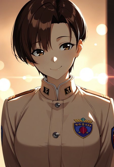 Masterpiece, 8k, aesthetic, beautiful eyes, beautiful hair, beautiful skin, soft lighting, soft shadow, bokeh, depth of field, lens_flare,,Maya Ibuki, , brown eyes, dark-brown hair, asymmetrical bangs, short hair, smiling,  , beige uniform ,undercut hair,