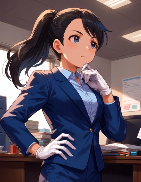 score_9,score_8_up,score_7_up,1girl,solo,standing,looking away,closed mouth,puzzled,office,hand on own chin,hand on hip,
<lora:kuriharanene_ponyXLV6:0.8>,cgknn,black hair,long hair,ponytail,blue eyes,
blue suit,white gloves