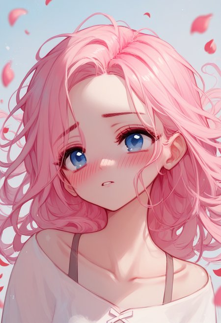 score_9, score_8_up, score_7_up, score_6_up, 1girl, pink hair, portrait, blue eyes, collarbone, blush, falling petals, 
<lora:tando_v0.4-pony:1>