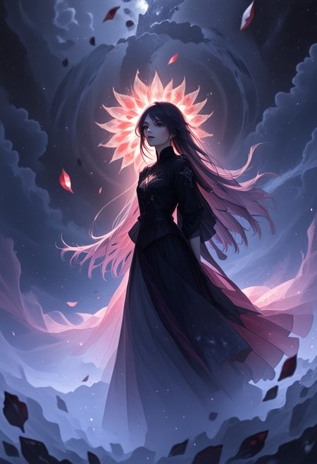 A beautiful woman stands at the edge of a vast, starry void, her form beginning to dissolve into a swirling storm of black, gold, silver, and red rose petals. Her face is serene, almost ethereal, as if she’s accepted her transformation. Her long hair flows gently in an otherworldly breeze, and her eyes, filled with a mix of sadness and wonder, gaze into the infinite cosmos. As the petals break away from her body, they are caught in a cosmic whirlwind, spiraling upward into the darkness. The black petals shimmer faintly, their edges glowing with gold and silver, while the red petals burn like embers, leaving trails of fiery light. The stars around her pulse and twinkle, their light reflecting off the petals and creating a mesmerizing dance of shadows and light. The atmosphere is a perfect blend of melancholy and beauty, capturing the woman’s transition from the physical world to the cosmic unknown. The scene is both haunting and enchanting, as if she’s becoming one with the universe itself." Additional details for refinement: Style: Hyper-realistic or semi-realistic, with a focus on atmospheric lighting and fluid motion. Lighting: Soft, cosmic light with glowing highlights on the petals and stars. Color palette: Deep blacks, shimmering golds and silvers, and fiery reds (petals), with shimmering whites and blues (stars). Mood: Melancholic, mystical, and awe-inspiring, with a sense of transcendence and beauty.
