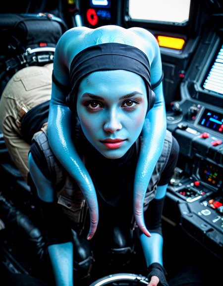 8k UHD, 1440p, hires, score_9, score_8_up, score_7_up, score_6_up, score_5_up, source_photo, amateur_photo, realistic, explicit, solo, intricate detail, perfect eyes, face focus, Mission-Vao, VaoM, KOTOR, Twi'lek, Lekku, alien, colored skin, blue skin, hairband, 1girl, solo, round face, puffy eyes, brown eyes, slim hips, thin legs, from above, cute, black shirt, vest, pants, boots, in cockpit <lora:Expressive_H:1> <lora:PerfectEyesXL:0.7> <lora:Pony_Mission-Vao_V1:1>