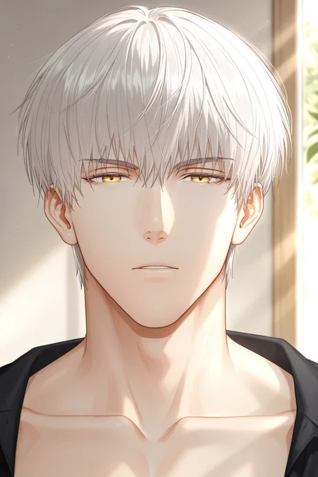 <lora:sariel-IL:0.9>,sariel, white hair, 1boy, male focus, yellow eyes, solo,short hair,looking at viewer,portrait,collarbone, yaoi,bara,male focus,very awa,masterpiece,best quality,amazing quality,nsfw,uncersored,highres,best quality,amazing quality,best aesthetic,absurdres,