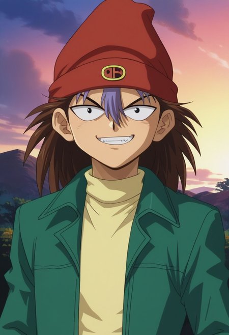 score_9, score_7_up, source_anime
ryuzaki, 1boy, male focus, solo, black eyes, brown hair, long hair, multicolored hair, two-tone hair, brown hair, purple hair, hair between eyes, hat, beanie, red headwear, shirt, yellow shirt, turtleneck, jacket, green jacket, long sleeves, open jacket, open clothes, grin
outdoor, sky,