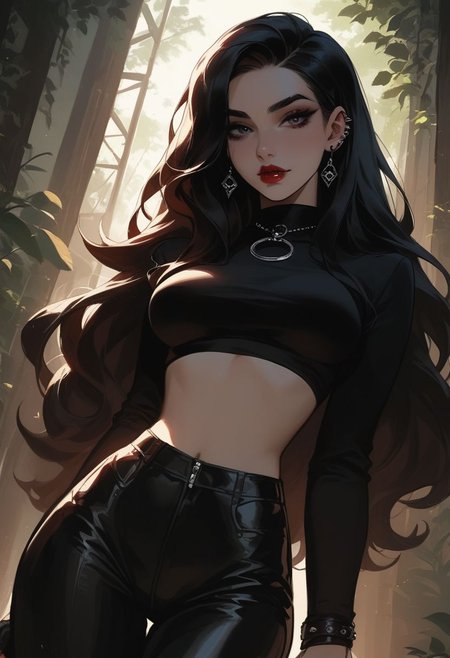 score_9, score_8_up, score_7_up, score_6_up, cute goth girl, black outfit, red lipstick, (long hair, straight hair), looking at viewer, natural breasts, anime, hips, flat tummy, cinematic angle, cinematic lighting, solo focus