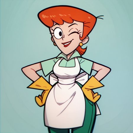 score_9, score_8_up, score_7_up BREAK DexMom, 1girl, short orange hair, black eyes, red lipstick, golden pearl earrings, yellow gloves, white body apron, light green polo shirt, dark green pants, hands on hips, cowboy shot, winking at viewer, happy,
