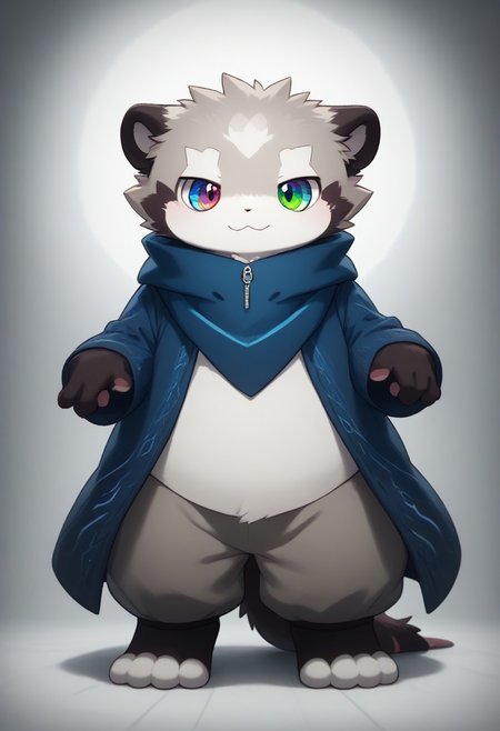 zuppu11, full body, solo, furry, score_9, score_8_up, look at viewer, male focus, raibow eyes, rainbow eyes, no humans, fractal iris, furry male, ferret