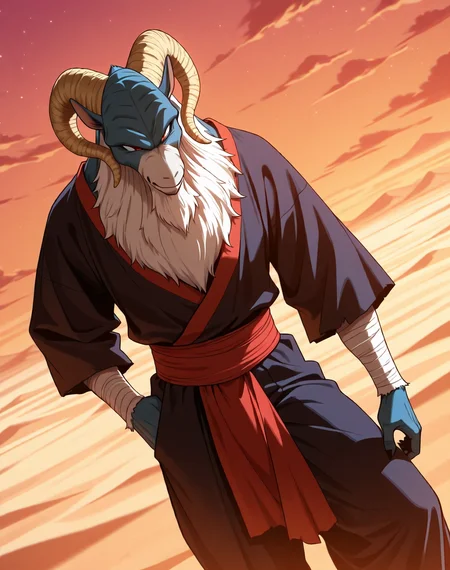 <lora:Moro_1st_Form_(Dragonball_Z)_(Illustrious)_(AD):1.5> Moro, muscular, goat,
((
dutch angle, exterior, desert, sky with detailed clouds,
male focus, gradient coloring, solo, cowboy shot, bent leg, perfect proportions, goat head, blue body, soft shading, evil smirk, old, aged up, frail, wrinkles, long white beard, thin waist, 
)), 
BREAK very awe, aesthetically pleasing, masterpiece, best quality, amazing quality, very aesthetic, perfect depth of field shot, in'ei, furry_art, source_furry, source_anime,
EZRealPONYXL, zPDXL, Smooth Quality, lazympos, IllustQualXL_Pos,