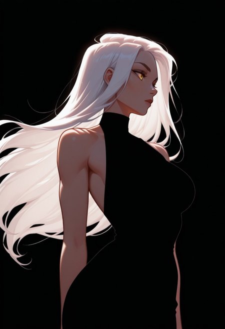 1girl, solo, female, woman
black cocktail dress, sleeveless dress, 
backlit, 
floating white hair, 
blend_in. black background,