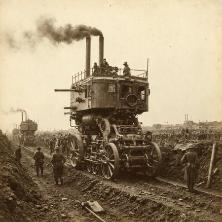 An aged worn sepia monochrome 1800s photograph of a steam powered mecha, turret with large canon, armless, no arms, walking robot, smokestacks up top, thick black smoke, walking through No-man's land between the allied trench line and the enemy trench line, soldiers in the trenches