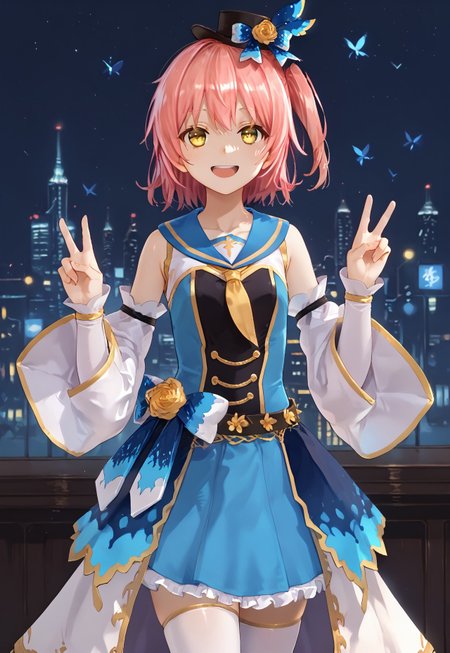 safe_pos, 1girl, solo, solo focus, highres, absurdres, CtK_LiYu, short hair, detached sleeves, yellow eyes, pink hair, white dress, mini hat, blue sailor collar, white thighhighs, blue bow, one side up, wide sleeves, white sleeves, white skirt, long sleeves, sleeveless, hair ornament, bang, belt, blue dress, bare shoulders,

looking at viewer, double v, smile, open mouth, hands up,

cityscape, neon lights, shade, night, night sky, dark, backlighting,
