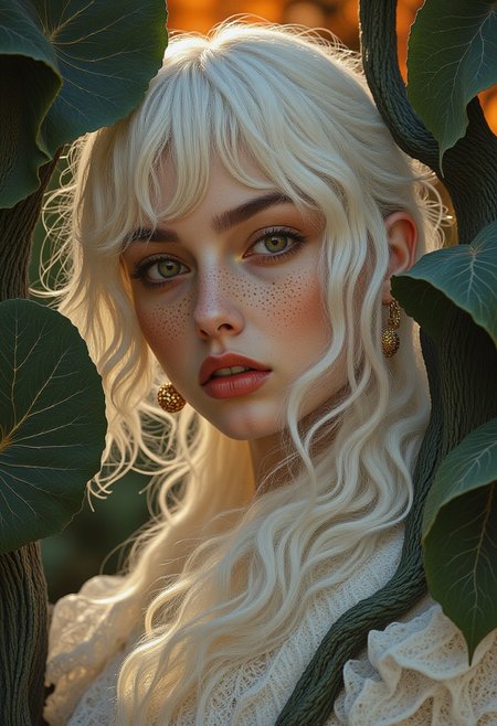 A hyper-realistic digitally drawn portrait, HD, 8K quality, ultra-detailed, masterpiece digital artwork, features a close-up of a woman with ethereal pale porcelain skin, soft freckles, and flowing white hair that cascades around her face in long, delicate strands, animated as if caught in a gentle breeze. Her bangs frame her forehead, while her floating hair evokes an artistic and aesthetic sense of movement. She gazes directly at the viewer with a serene yet haunting expression, exuding a timeless grace. Adorned in medieval widow’s white clothing with intricate lace and delicate textures, her attire amplifies her otherworldly allure. Dreamy, diffused lighting softly illuminates the scene, blending her form into the warm, orange-toned background. Surrounding her is dark green surreal vegetation—twisting vines and oversized leaves—that spirals and frames the composition with an organic, fantastical energy. This digital artwork masterfully balances realism and surrealism, creating a mesmerizing portrait steeped in ethereal beauty. (midjourney_whisper_avant_couture)