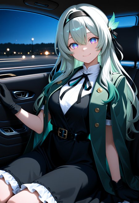 masterpiece, best quality, 1girl, solo, F1reflyJpll, blue pupils, purple eyes, blue eyes, grey hair, green hair, multicolored hair, long hair, black hairband, hair ornament, black dress, frilled dress, white shirt, black ribbon, green jacket, jacket on shoulders, black gloves, black belt, frilled dress, sitting, car interior, smile, looking at viewer,  <lora:ChamFireflyNoob:1>