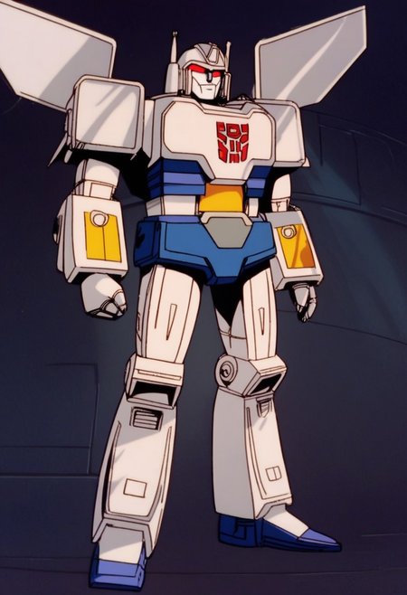score_9, score_8_up, score_7_up, animation, transformers, 1boy, robot, Decepticon, Tall, bulky, Seeker, Starscream glowing eyes, red eyes, large eyes, circular eyes, Black armor, Forard swept wings, transforms into futuristic Stelth Mig Fighter Jet, full body, cowboy shot, smiling, holding null ray blasters, Decepticon Symbol  <lora:StarScream1.2:1>