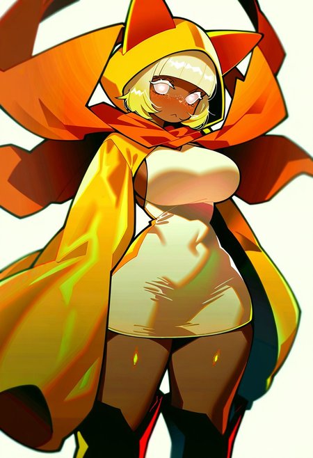 masterpiece, best quality, very aesthetic, high resolution, ultra-detailed, absurdres, newest, extremely detailed eyes, beautiful, perfect lighting, hi res, amazing quality, very awa, jui_sio, JUI_SIO, masterpiece, best quality, good quality,
/// 1girl, solo, boots, blonde hair, (dark skin), very dark skin, hood, (freckles), dress, simple background, blunt bangs, white background, windy hair strands, animal hood, short hair, white eyelashes, white eyes, gradient eyes, gold eyes, sand powers, standing, cat hood, long sleeves, looking at viewer, hood up, [:3], :<, animal ears, closed mouth, blush very aesthetic, masterpiece, absurdres, best quality, amazing quality, very aesthetic, absurdres, wide hips, large breast
