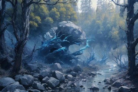 (Realistic:1.5) EdobLandscapeAlpha , outdoors, thorns, signature, blue theme, evening, alien, bridge, solo, rock, forest, <lora:EdobLandscapeAlpha_v1.0:0.8>