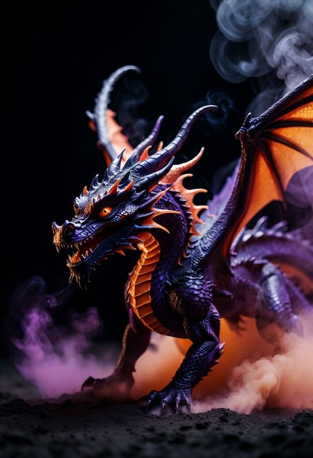 glamour portrait photo, macro, a captivating vibrant dark mythical dragon taking off, dust getting pushed up by his wings, surrounded by smoke, ethereal, smoky backdrop. throwing a translucent orange/tanslucent purple/black, 100mm f/2.8 macro lens, atmospheric haze, Film grain, cinematic film still, shallow depth of field, highly detailed, high budget, cinemascope, moody, epic, OverallDetail, gorgeous, 2000s vintage RAW photo, photorealistic, candid camera, color graded cinematic, eye catchlights, atmospheric lighting, imperfections, natural, shallow dof