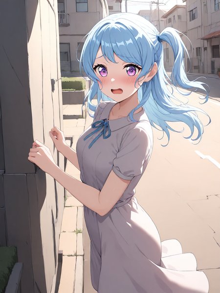 masterpiece,newest,absurdres,best quality,1girl,solo,purple eyes,blue hair,kanon matsubara,ribbon,long hair,one side up,dress,standing,<lora:KanonMatsubara:0.7>,street,outdoors,open mouth,shy,blush,