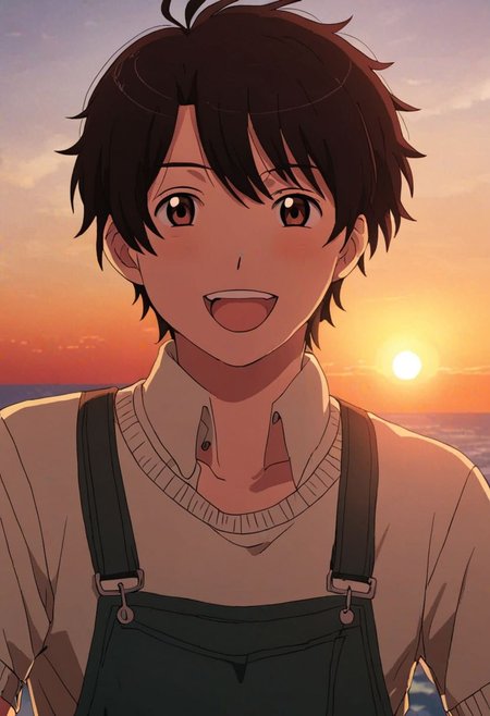 high resolution, solo, best quality, 1Boy, Inaho Kaizuka, Black Hair, Brown Eyes, laughing, very happy, sunset, looking at viewer,, OverallDetail