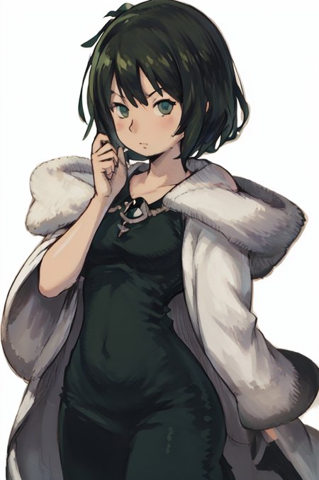 (Yoshida_Akihiko_PonyXL_style_v02.10.01:1.0) solo, 1girl, white background, (chibi head), cowboy shot, EPopmFubuki, fubuki, black hair, short hair, green eyes, coat, long sleeves, collarbone, large breasts, necklace, jewelry, dress, fur coat, green dress, big breasts, (Bravely Default Style), yoshida akihiko, green eyes, (big breasts:1.5), <lora:pony\char\anime\EPopmFubukiPony-04.safetensors>, <lora:pony\style\Yoshida_Akihiko_PonyXL_style_v02.10.01.safetensors>, <lora:styles\yoshida_akihiko_offset.safetensors>, <lora:styles\BravelyDefault.safetensors>, <checkpoint:[Pony] prefectPonyXL_v10.safetensors>, <checkpoint:[SD15] tfmCutesyAnime2_genesis.safetensors>
