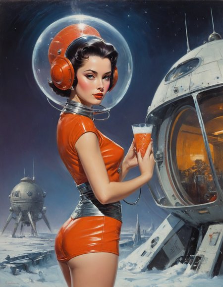 by Bill Medcalf,  (slushy but extremely beautiful:1.4), (intricate details, masterpiece, best quality:1.4) , in the style of nicola samori,
Retro-futuristism, vintage sci-fi, 50s and 60s style, atomic age, vibrant, highly detailed, retro futurism,, dynamic pose, looking at viewer
<lora:add-detail-xl:1> <lora:xl_more_art-full_v1:0.5>  <lora:NicolaSamori:0.5> <lora:looking_at_viewer:2>