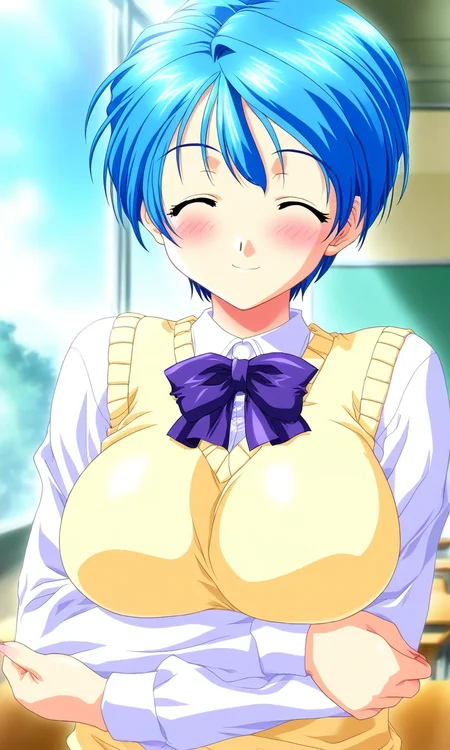 general,highres, ultra-detailed,very aesthetic,best quality ,best hands, BREAK <lora:Hirose_Mariko_GREEN-Akizora_No_Screen_IS:1>
Hirose_Mariko, 1girl, solo, blue hair, short hair, huge breasts,
closed eyes, sweater vest, school uniform, long sleeves, smile, crossed arms, blush, bow, 
vest, shirt, bowtie