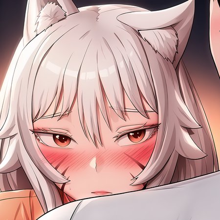 masterpiece,best quality,newest,absurdres,highres,<lora:noobai_ep11_stabilizer_v0.138_fp16:1>,<lora:Lee Miho:1>,lee miho,white hair,fox ears,portrait,shy,down ears,